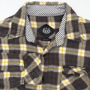 686 Flannel Shirt Mens Brown Yellow Plaid Long Sleeve Button Up Western Yoke